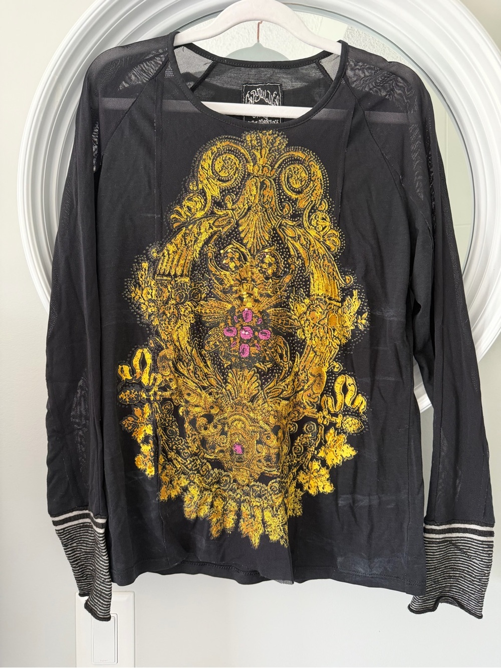 Aldo Martins Black Long-Sleeve Mesh Top with Gold Baroque Medallion